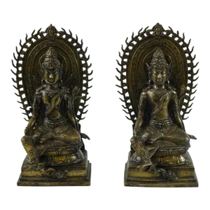 Antique Far East Seated Bronze Buddhas Figurines- a Pair