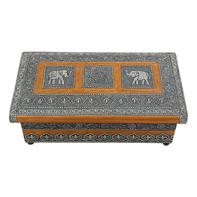 Copper Box ⸻ Vintage Indian Metal-Clad Jewelry Box With Velvet Lining For Sale