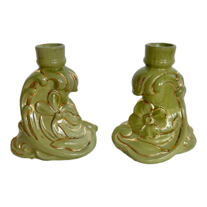 Vintage Holland Mold Green Ceramic Candlesticks With Gold Floral Accents — Pair