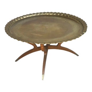 1950s Moroccan Brass Tray Table on Mid-Century Modern Base For Sale