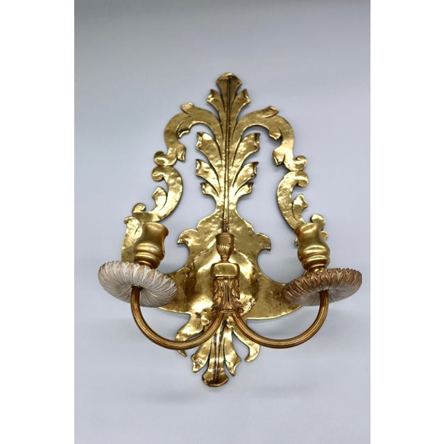 Pair of Solid Brass Two-Arm Rococo Revival Candle Wall Sconces With Acanthus Leaf Backplate, Early 20th Century For Sale - Image 4 of 15