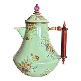 Vintage 1995 Camp Mackenzie Childs Green Floral Coffee Pot/Kettle With Wood Handle and Lid For Sale