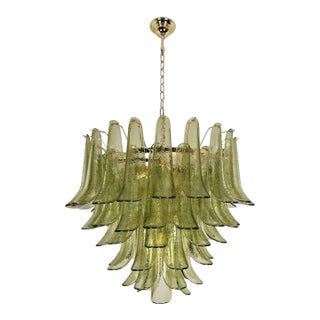 1980s Mazzega Style Murano Glass Olive Green Petal Chandelier For Sale