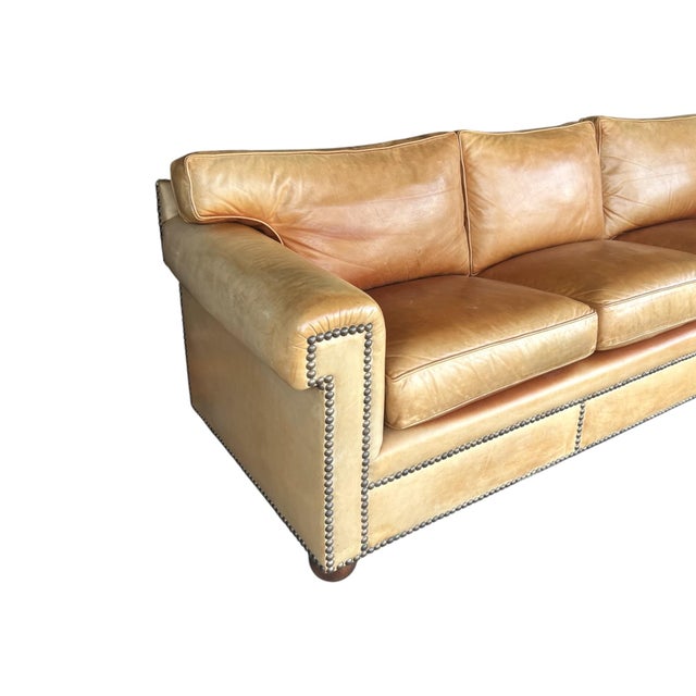 Vintage English Leather Sofa Tan Color Nail Head Trim Feather Down Cushions For Sale In Los Angeles - Image 6 of 18