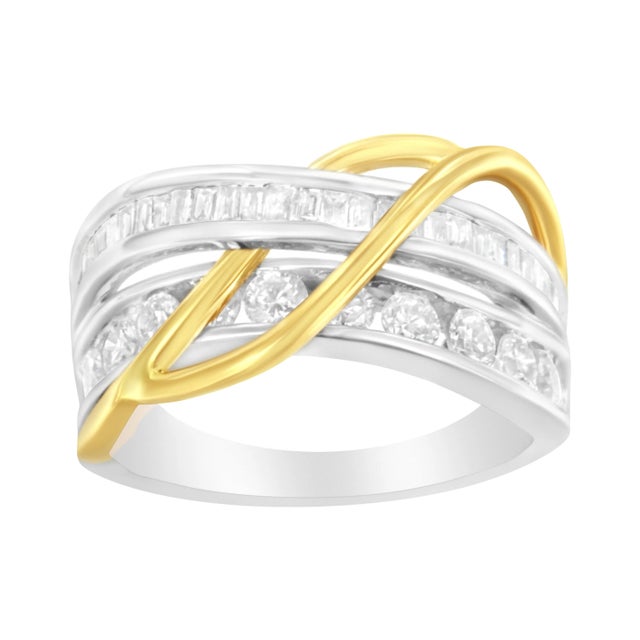 Bold and unique, this ring is fashioned in 10k white and yellow gold. 1 1/10ct TDW of diamonds are displayed in this...