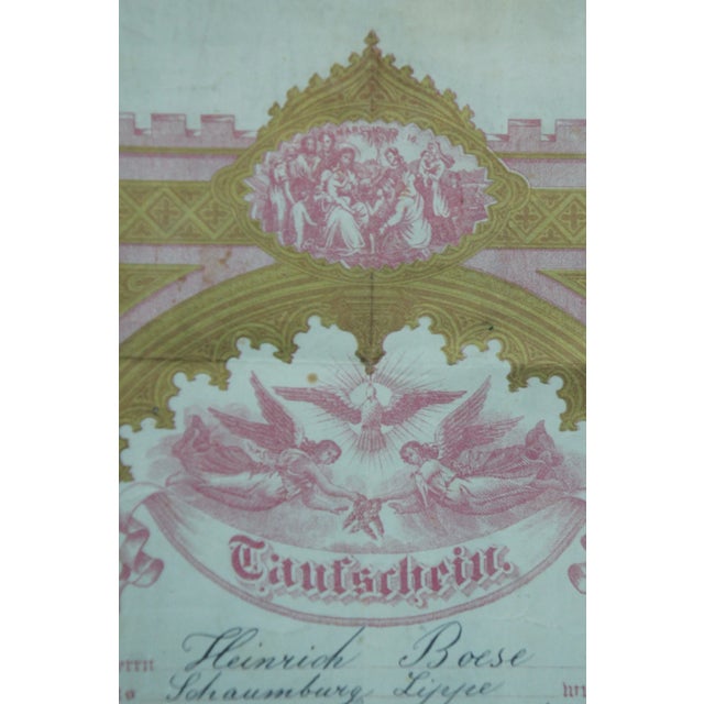 Gold 1873 Antique Framed German Taufschein Birth Baptismal Certificate Fraktur For Sale - Image 8 of 13