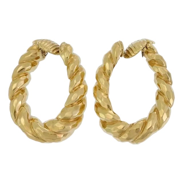 17k Yellow Gold Hammered Shrimp Design Hoop Clip-On Earrings For Sale