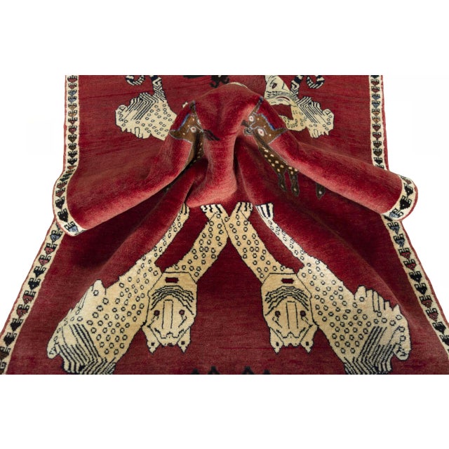 Hand-Knotted Gabbeh Nomad Rug with Animal Motifs & Expressive Red For Sale - Image 9 of 11