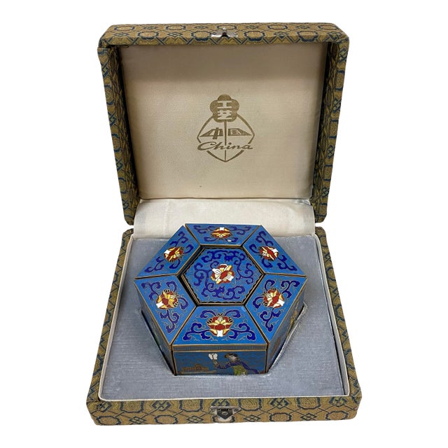 Peking Seven Hexagonal Cloisonné Enameled Trinket Boxes in Original Fabric Box For Sale