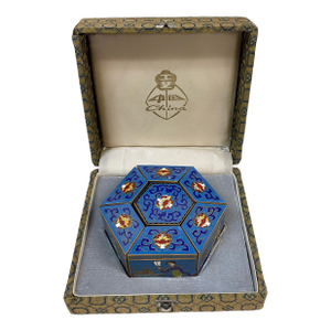 Peking Seven Hexagonal Cloisonné Enameled Trinket Boxes in Original Fabric Box