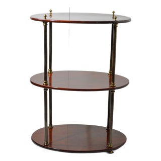 1930s Mahogany Brass Three Tier Oval English Campaign Style Etagere Shelf For Sale