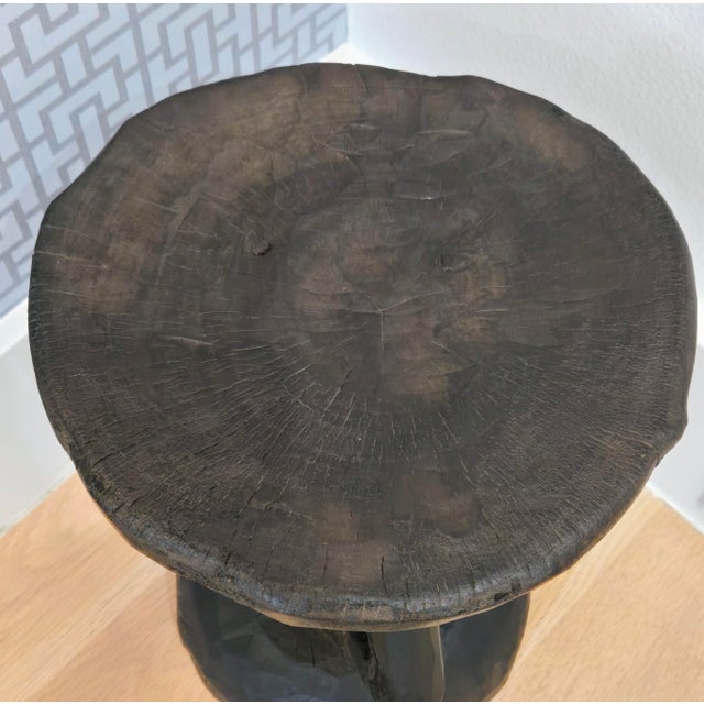 Vintage Tonga Hand Carved Wood Stool – Brutalist Sculptural Side / Plant Table, 14" For Sale - Image 9 of 9
