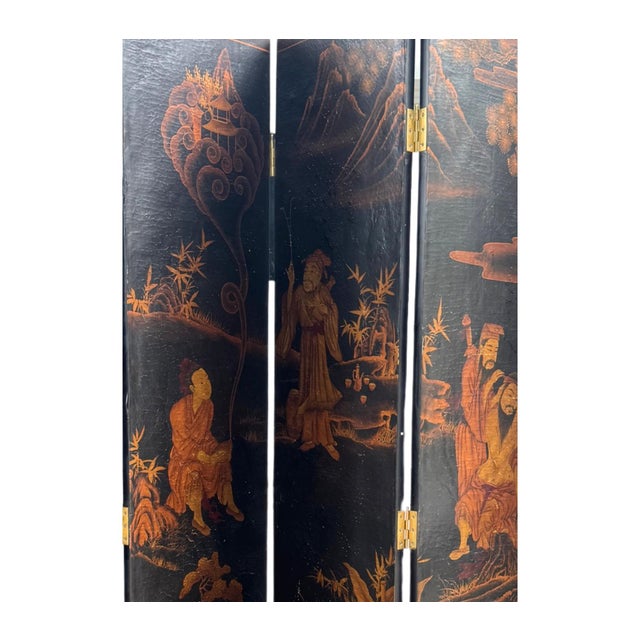 Early 20th Century Large Chinese Eight-Panel Black Lacquer Folding Screen With Scholar Landscape, Circa 1925–1940 For Sale - Image 5 of 13
