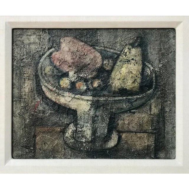 Vintage cubist modernist still life painting oil on canvas In the manner of Braque. A footed bowl of vegetables and fruit...