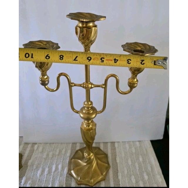 Two Vintage 3 Light Brass Metal churchAltar Candelabra Candlesticks 18" Decor For Sale - Image 4 of 12