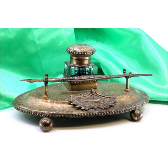 Silver Inkwell with Monogram Plaque, Set of 3, in Good conditions.