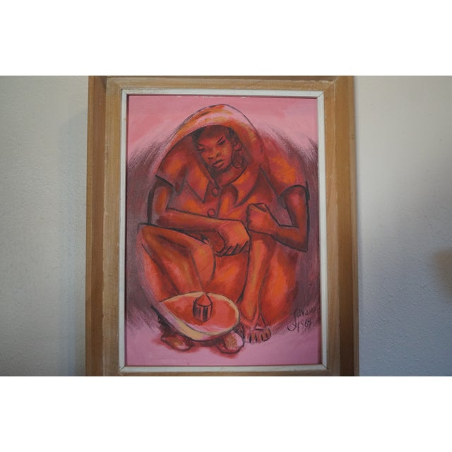 Figurative 1960s Petion Savain Signed Haitian Pink Figural Painting, Framed For Sale - Image 3 of 12