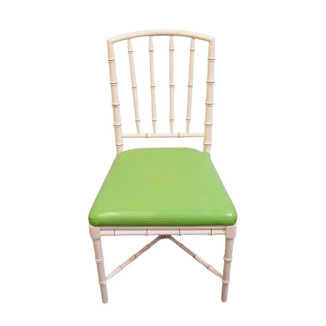 Chinoiserie Drexel / Champion International Hollywood Regency Ivory Faux Bamboo Accent Side Chair W. Lime Green Upholstered Seat 752-811 For Sale - Image 3 of 11