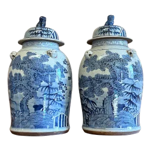 Contemporary Large Arbor Chinoiserie Temple Jars - a Pair