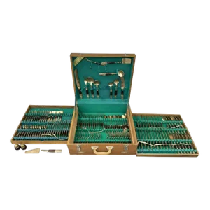 Circa 1950 Mid-Century Modern Brass + Rosewood Thai Siam Flatware, Cutlery and Serving Sets for 12- 135 Pieces