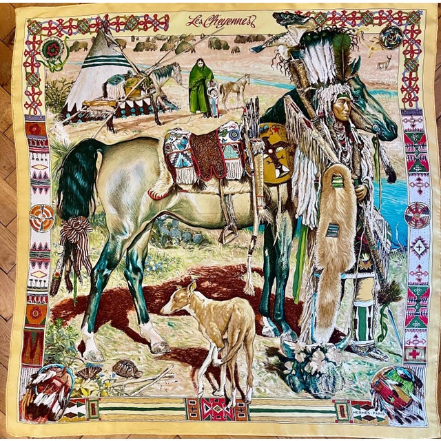 HERMES les Cheyennes 1993 Oliver Kermit This Hermès scarf represents the Cheyenne, a North American indigenous nation of...