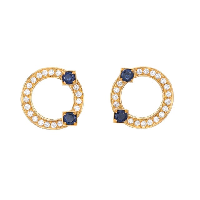 Sapphire Diamond Earrings Vintage 18k Yellow Gold Circle Studs Fine Jewellery - 2 Pieces For Sale - Image 4 of 4
