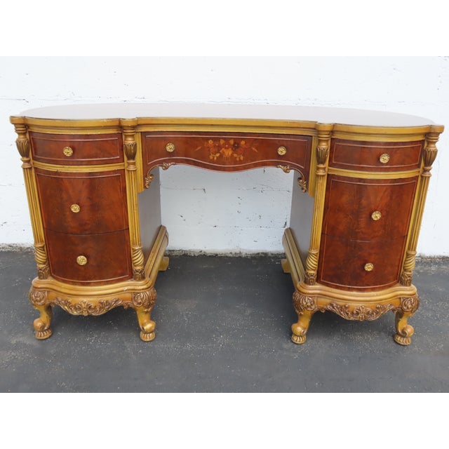 French Early 1900s Kidney Shape Carved Inlaid Writing Desk 6885 For Sale - Image 15 of 18