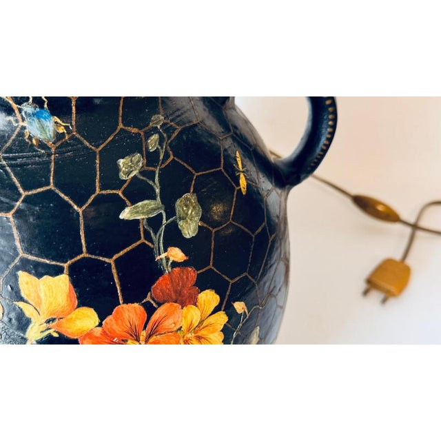 1960s Large Hand-Painted Ceramic Table Lamp with Floral and Insect Motifs, 1960s For Sale - Image 5 of 13