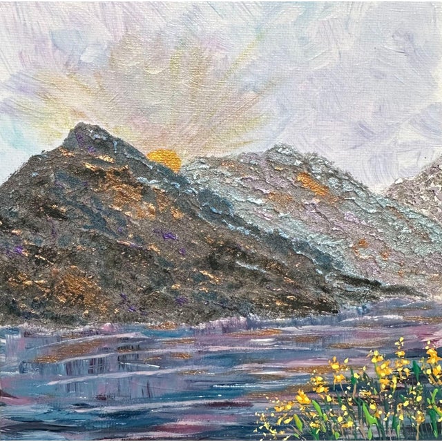 Mountain Majesty 6" X 6" Acrylic Painting, Sunrise, Lake and Wildflowers For Sale - Image 6 of 7