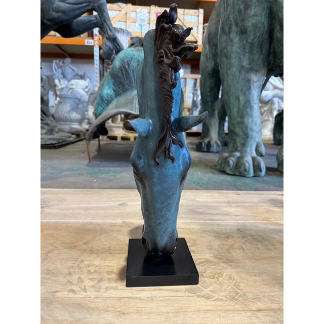 Contemporary Patinated Bronze Horse Head Sculpture with Flowing Mane For Sale - Image 3 of 7