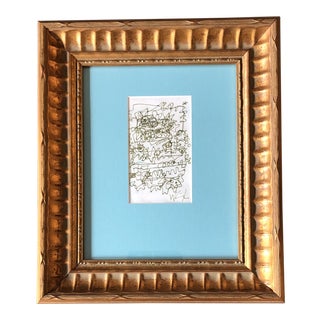 Original Vintage Wayne Cunningham Contemporary Abstract Green Ink Drawing Frame Turquoise Mat 1990's For Sale
