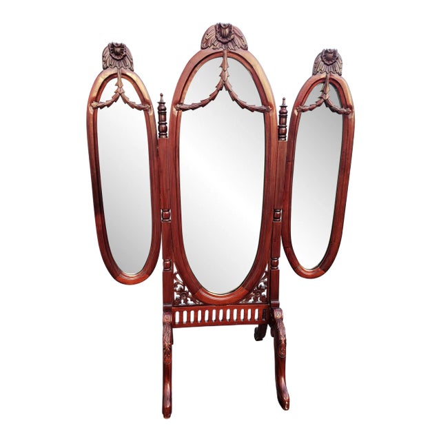 Victorian Style Carved Mahogany Triptych Full Length Floor Mirror For Sale