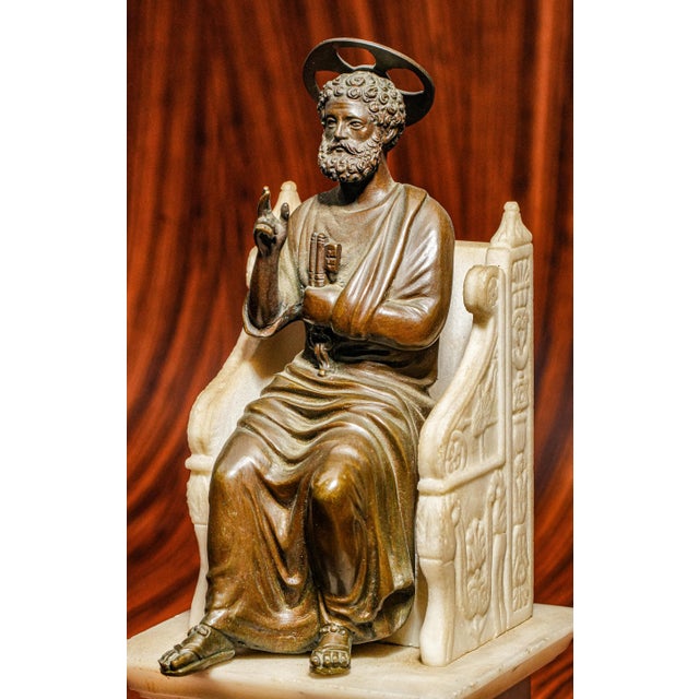 19th Century Exceptional Large Antique Grand Tour Bronze St. Peter Marble Statue Sculpture Home Decor For Sale - Image 5 of 15