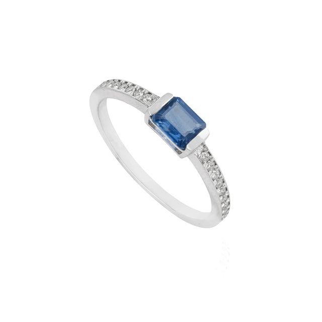 14k White Gold 0.56ct Emerald Cut Blue Sapphire & Diamond Ring Size 6 For Sale - Image 4 of 16
