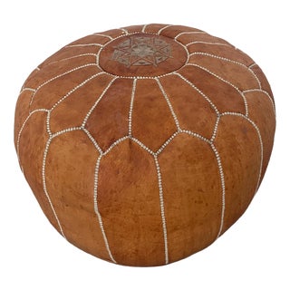 Vintage Light Tan Coloured Leather Pouf For Sale