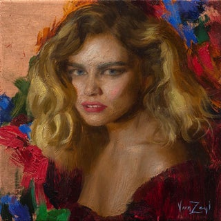 Sara in Red by Michael Van Zeyl | Oil on copper leaf Portrait of a woman with blonde hair in red. For Sale