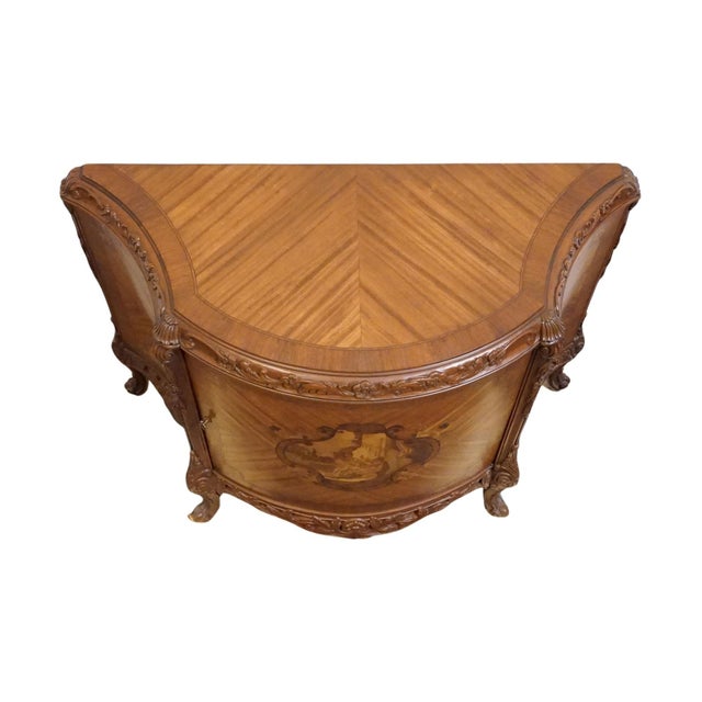 Wood Vintage Antique Banded Walnut French Louis XV Rococo Style 42" Carved Console W. Pastoral Inlay For Sale - Image 7 of 11