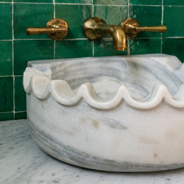 Stone White Marble Scalloped Wall Mounted Sink, Handcrafted Luxury Stone Bathroom Vanity Basin For Sale - Image 7 of 9