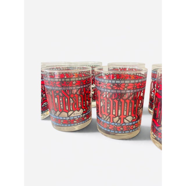 Mid-Century Modern Vintage Mid-Century Modern Cera Houze Stained Glass Double Old Fashioned Happy Holidays Set of 8 For Sale - Image 3 of 3