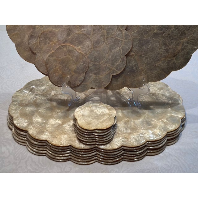 Hollywood Regency 1960's Hallie St. Mary, Inc. Matching Capiz Shell Placemats & Coasters - Sets of 8 - 17 pcs For Sale - Image 3 of 15