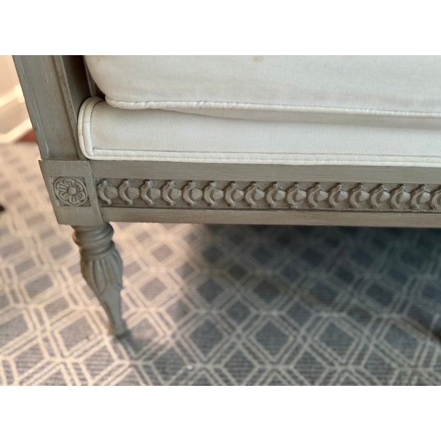 Wood Wood Framed Sofa in White Linen For Sale - Image 7 of 8