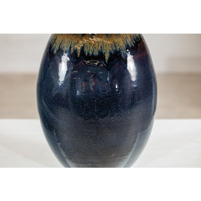 Large Artisan Ceramic Vase in Midnight Blue with Brown Tapered Neck For Sale - Image 9 of 18