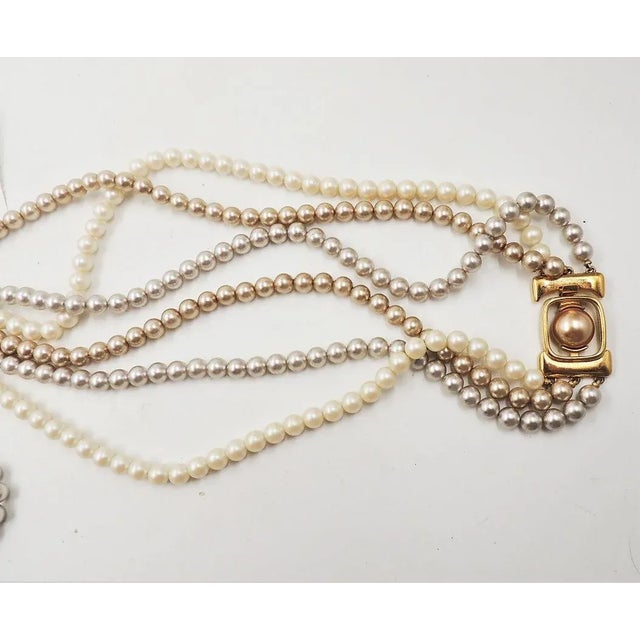 Modern Vintage 1980s Signed Monet Goldtone 3-Strand White, Tan & Silver Faux-Pearls Necklace For Sale - Image 3 of 7
