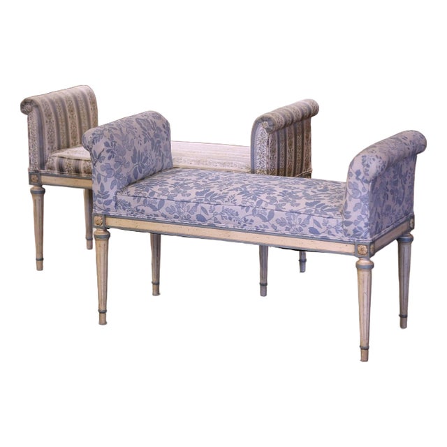 Late 20th Century Pair of Vintage French Louis XVI Upholstered Painted Stool Benches For Sale
