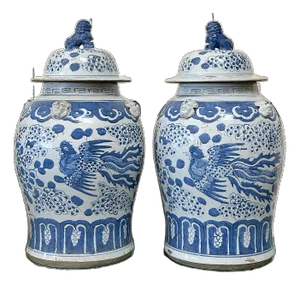 Extra Large Phoenix Birds Chinoiserie Pottery Ginger / Temple Jars - a Pair