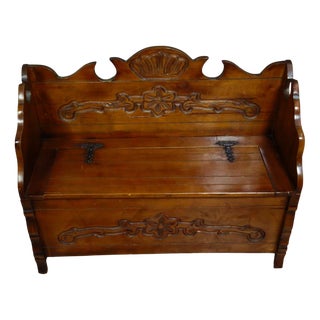 Antique 20th Century Carved Wood Bench-Chest For Sale
