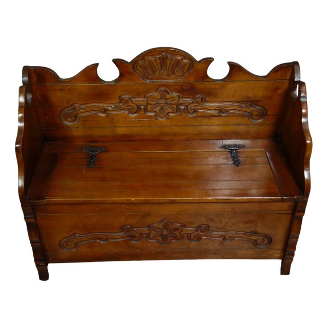 Antique 20th Century Carved Wood Bench-Chest For Sale