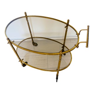 Bagues Style Vintage Brass Bar Cart With Smoked Glass Top For Sale