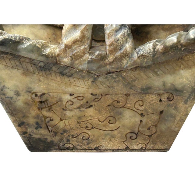 Chinese Stone Carved Basket With Mythical Beasts, Archaic Motifs , Braided Handle For Sale - Image 9 of 12