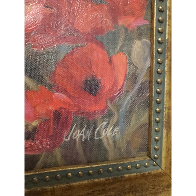 Beautiful Joan Cole framed artwork depicting a Mediterranean garden scene with a wrought iron gate, florals, and palm...